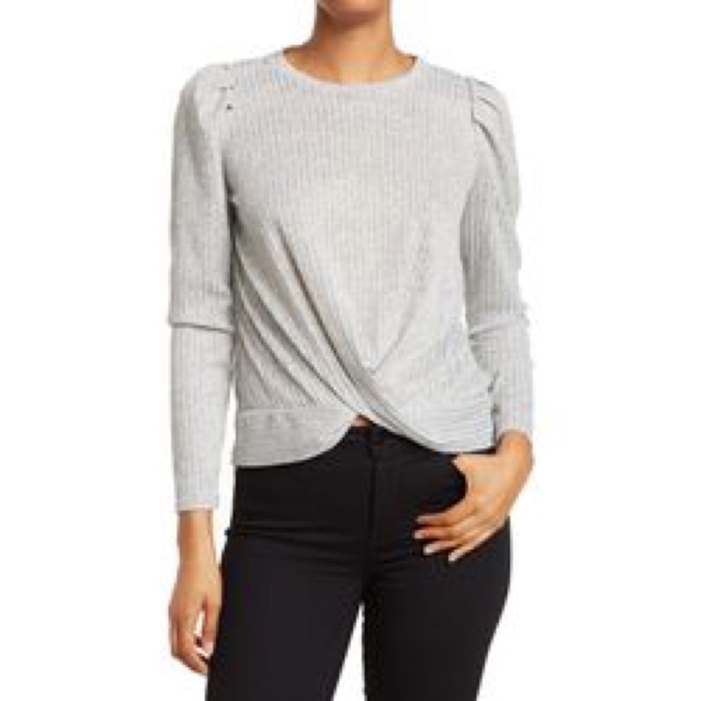 Pleione Puff Long Sleeve Ribbed Twist Front Top Heather Gray Size L